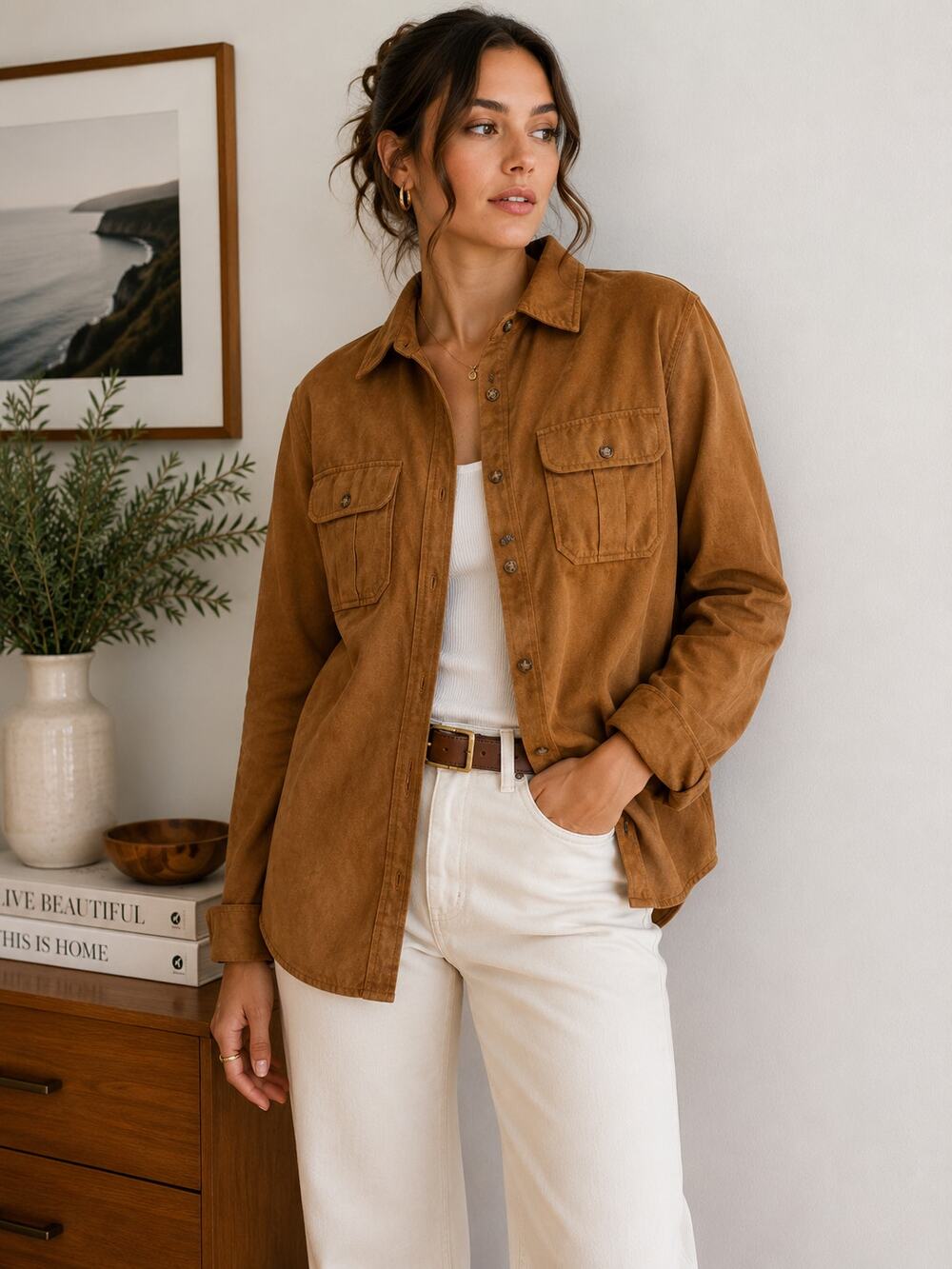 Vintage White Stag Brown Faux Suede Western Shirt Jacket L XL ✨